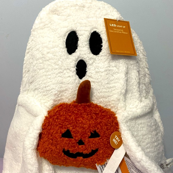 Jumbo Gus The Ghost Pillow With Pumpkin Halloween Sherpa Throw 24” Light Up NWT - Picture 3 of 4